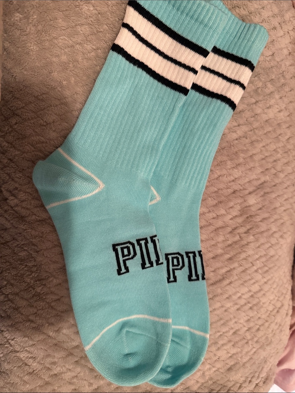 NWOT PINK Victoria's Secret Aqua Crew Socks with Black & White Stripes